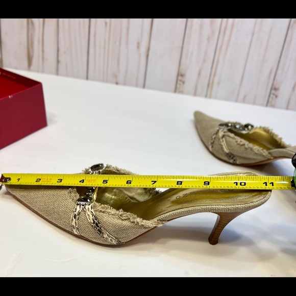 Apepazza Kitten Heel Mules, Linen adorned with snakeskin & crystal details  8.5 - Picture 11 of 12
